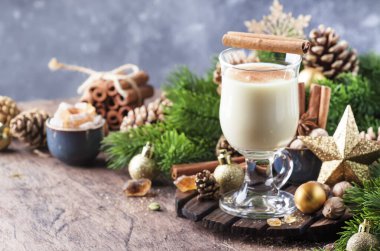 Noel ya da Yeni Yıl Alkollü Eggnog kokteyli - Süt, yumurta ve rom serpiştirilmiş sıcak kış içeceği, tarçın ve gri arka planda hindistan cevizi serpiştirilmiş, boşluğu kopyala