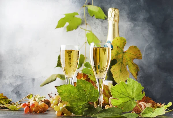 Vino Champán Fondo Cristal Bodegón Otoño Concepto Mesa Degustación Vinos — Foto de Stock