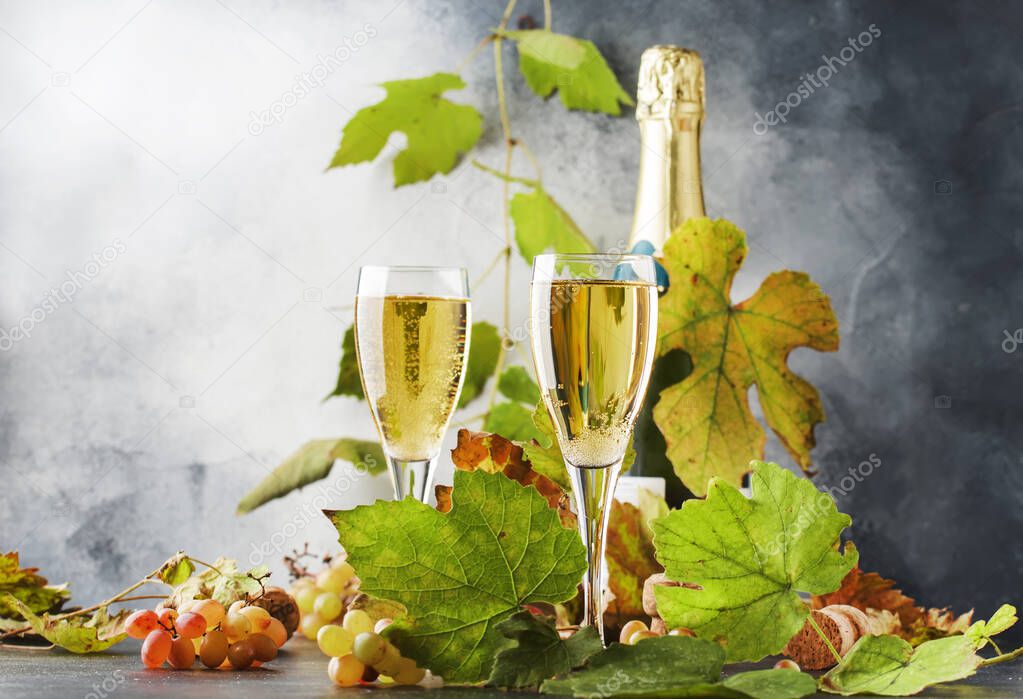 Champagne wine in glass background. Autumn still life, wine tasting table setting concept