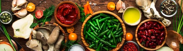 Jídlo Vaření Pozadí Ingredience Pro Přípravu Veganských Jídel Zelené Fazole — Stock fotografie