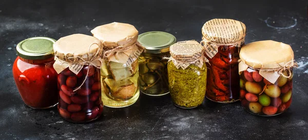 Canned Food Concept Fermented Pickled Marinated Preserved Vegetarian Italian Snacks — Stock Photo, Image