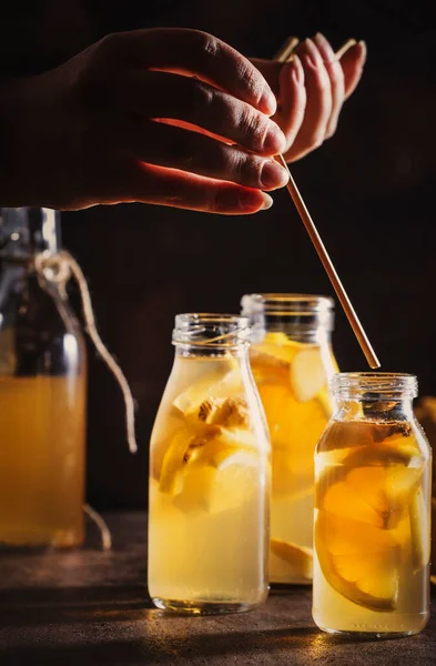 自家製発酵生コムブチャに生姜とレモン — ストック写真