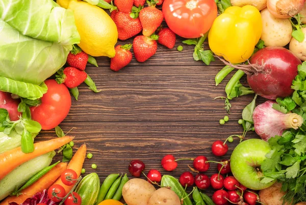 Assortimento Verdure Fresche Frutta Sfondo Tavolo Legno Concetto Cibo Biologico — Foto Stock