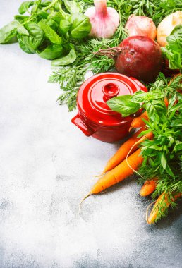 Taze kök sebzeleri ve baharatlı bitkiler. Sağlıklı yemek, yaz aşçılığı konsepti. Kopyalama alanı olan gri bir arkaplan. Üst görünüm