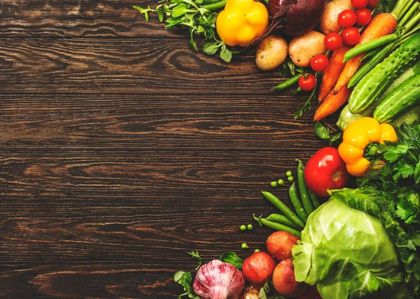 Assortimento Verdure Fresche Sfondo Tavolo Legno Alimentari Biologici Sani Concetto — Foto Stock