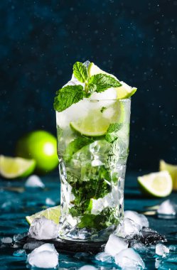 Damlalı mojito. Kokteyl ya da mavi arka planda limon, nane ve buzlu moktail. Yaz aylarında alkolsüz içecek, içecek ve kokteyl. Boşluğu kopyala