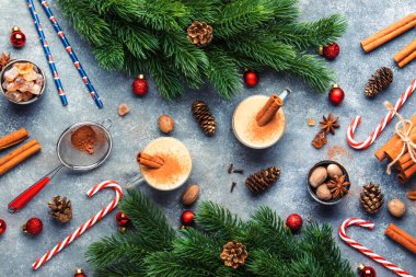 Eggnog sıcak kışı ya da sonbahar kokteyl içecekleri sütlü, yumurtalı ve koyu romlu, tarçın ve hindistan cevizi serpiştirilmiş gri arka planda cam bardaklar, Noel masası seti, üst manzara