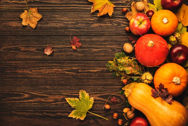 Thanksgiving Achtergrond Voedsel Herfst Oogstconcept Rustieke Tafel Met Appels Pompoenen — Stockfoto