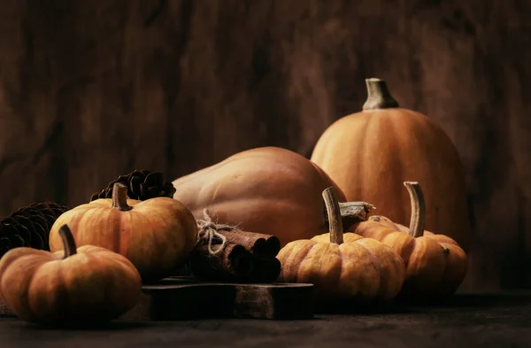 Thanksgiving Pumpkins Zimt Und Tannenzapfen Auf Rustikalem Holztisch Hintergrund Herbst — Stockfoto