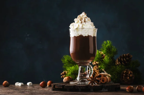 Liquid Dark Chocolate Whipped Cream Cocoa Powder Winter Autumn Time — Stock Photo, Image