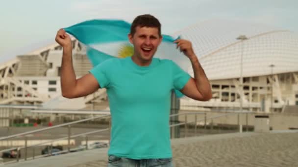 Homme Est Fan Avec Drapeau Argentine — Video