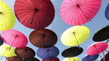 Bir şehir sokak üzerinde Güneş'ten renkli parlak şemsiye.