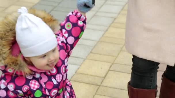 Hösten, Mamma promenader med ett barn i parken. — Stockvideo