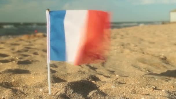 Bandeira da França em uma praia de areia . — Vídeo de Stock