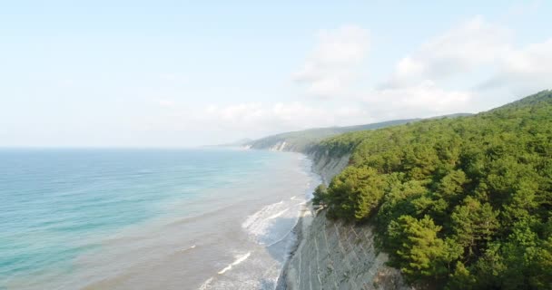 Photographie aérienne, côte rocheuse de la mer. Forêt verte sur la montagne .