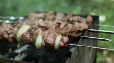 Şiş kebap bir mangal üzerinde yanmış. Barbekü, kömürlerin üzerinde kızarmış et.
