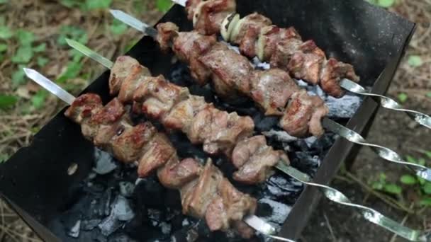 Grill, gebratenes Fleisch auf Kohlen. Dönerspieß wird auf einem Kohlenbecken gebraten. — Stockvideo