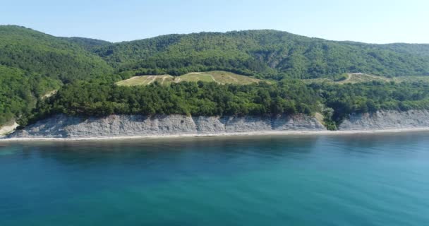 Fotografia aérea, mar azul, floresta verde e penhasco rochoso . — Vídeo de Stock