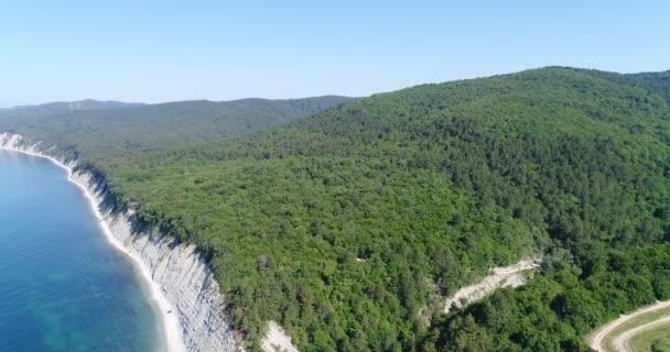 Aérea: costa salvaje, bosque, colinas verdes y mar azul . — Vídeos de Stock