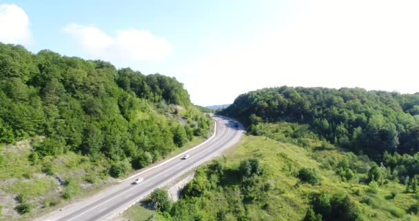 Luftaufnahme: Grüner Wald, Hügel und Straße. — Stockvideo