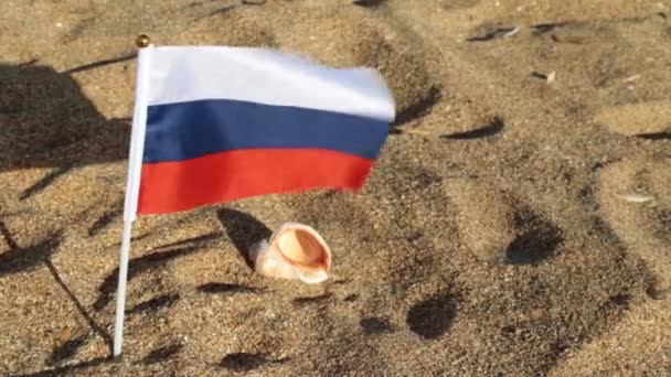 Drapeau de la Russie sur une plage de sable fin . — Video