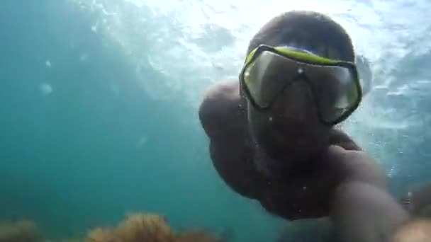 Ένας άντρας σε μια μάσκα για κολύμβηση με αναπνευστήρα πανιά προς τη θάλασσα. Δύτης κάτω από το νερό. — Αρχείο Βίντεο