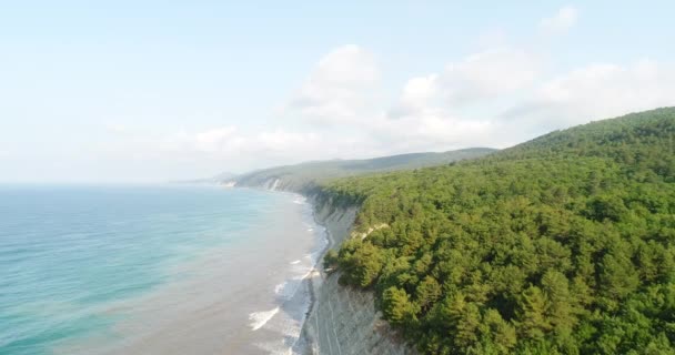 Vue aérienne, mer bleue et forêt verte sur une colline .