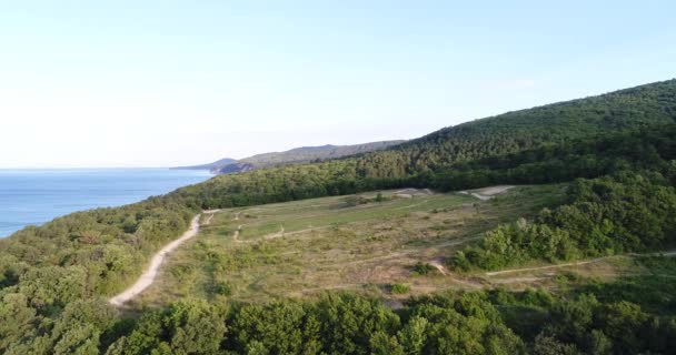 Вид з повітря, море, ліс і зелені пагорби. Прекрасна природа . — стокове відео