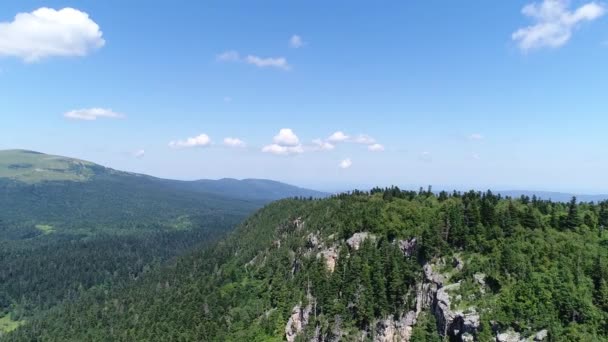 Aérea: bosque, rocas, valle verde y colinas . — Vídeo de stock