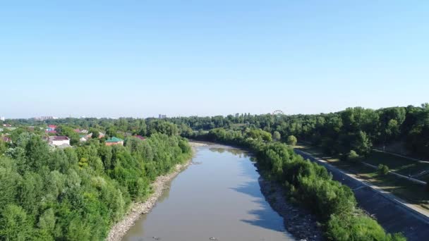 Vista aerea: fiume, villaggio e foresta . — Video Stock