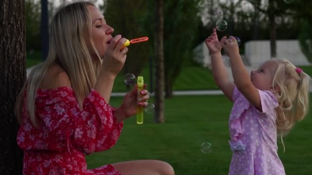 En kvinna och ett barn leker med såpbubblor. — Stockvideo