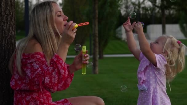 Una donna e un bambino stanno giocando con le bolle di sapone . — Video Stock