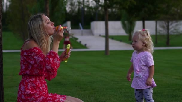 Maman et l'enfant soufflent des bulles de savon, tir au ralenti . — Video