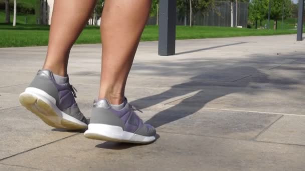 Een vrouw loopt in het park. Womens sneakers, close-up. — Stockvideo