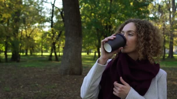 Otoño, una joven bebe café en el parque. Movimiento lento . — Vídeo de stock