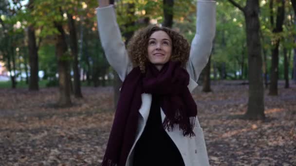 Young woman in autumn park throws up yellow leaves. — Stock Video