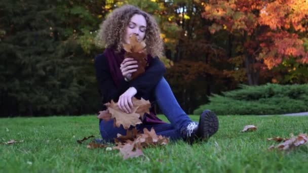 Une jeune femme est assise sur l'herbe dans le parc d'automne . — Video