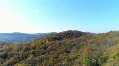 Havadan çekim: tepeler, sonbahar orman ve ağaç ve mavi gökyüzü.