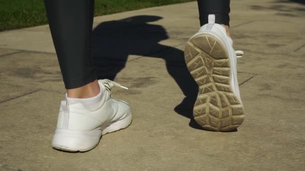 Mujer en zapatillas de deporte calentándose antes de correr, cámara lenta . — Vídeo de stock