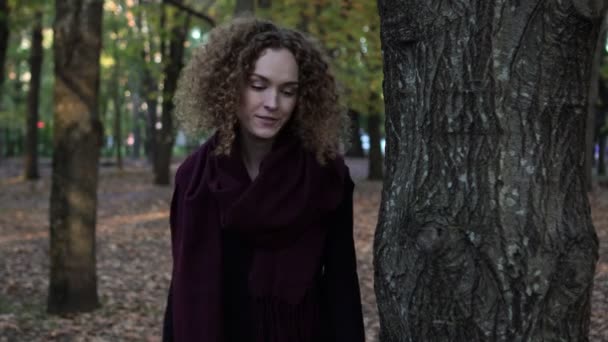Joven hermosa mujer camina en el parque de otoño . — Vídeos de Stock