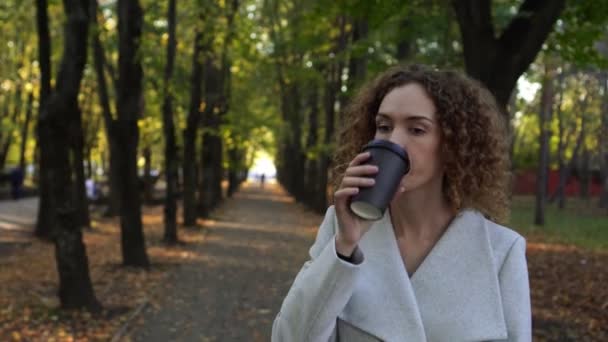 İş kadını Sonbahar Park kahve içme. Kadın parkta. — Stok video