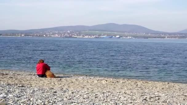Kadın ve köpek sahilde oturuyor. — Stok video