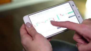 Hisse senedi, para birimi, bitcoin veya Forex oranı grafiği ile Smartphone.