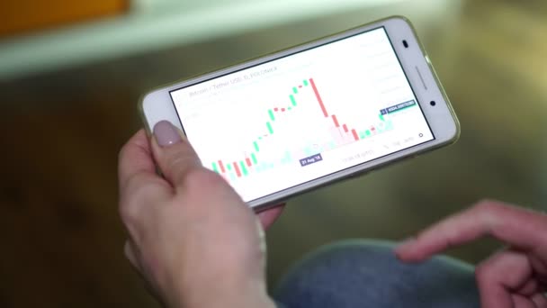 Investeringen en Financiën. Smartphone met bitcoin koers handel. — Stockvideo