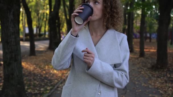 Mujer de negocios tomando café en el parque . — Vídeo de stock