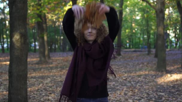 Autumn Young Woman Throws Leaves Slow Motion — Stock Video