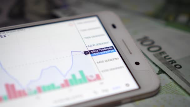 Forex, online-investeringar, börsen diagram. Stock marknadsdata på en smartphone skärm. — Stockvideo