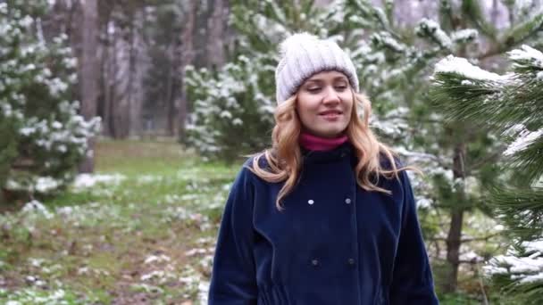 Una giovane donna in un parco invernale. Bella donna in inverno nella foresta . — Video Stock