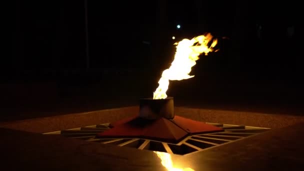 Memorial Chama eterna na forma de uma estrela queima no escuro . — Vídeo de Stock