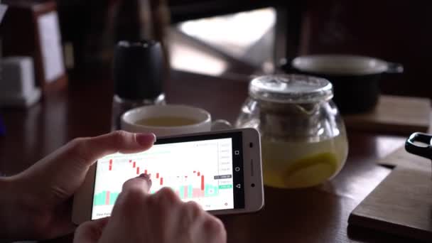 Una mujer invierte en la bolsa de valores con un smartphone . — Vídeos de Stock